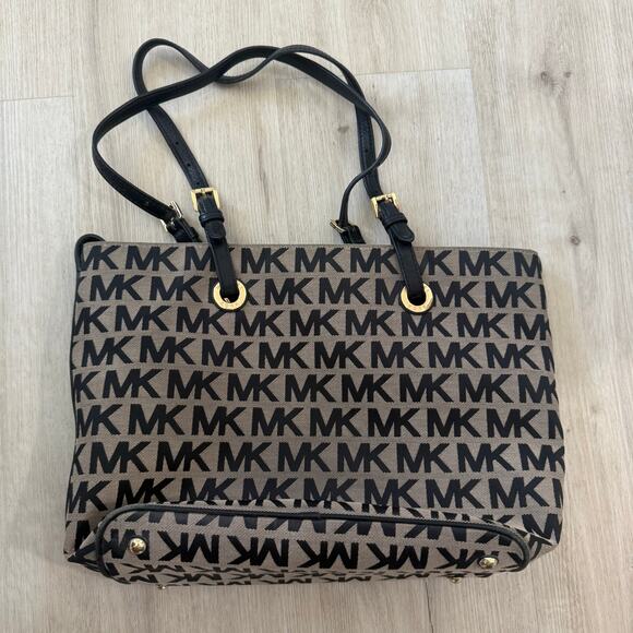 Michael Kors Jet Set Signature Monogram Canvas Tote Bag Purse Black Tan - Picture 6 of 6